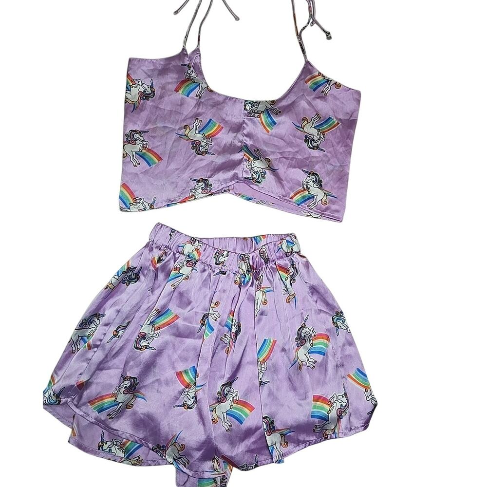 Pretty Little Thing Silky Satin Pajama PJ Shorts Top Set Unicorn Womens Small